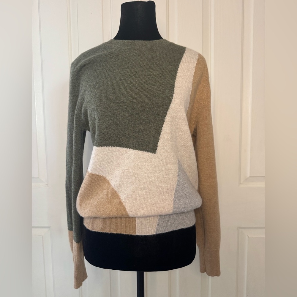 M&S Autograph Pure Cashmere Sweater UK Size 10 Green Tan Long Sleeve EUC
